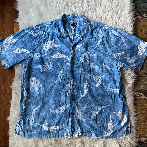 Land’s End batik style swordfish print button down shirt size XXL - Picture 1 of 8